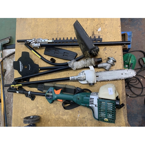 1553 - A Q Garden QGMC petrol powered gardener's multi-tool with brush cutter, grass strimmer, chainsaw and... 