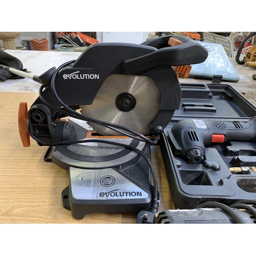 1556 - Three items, one cased Eumig 9.6v air pump with battery, Evolution R210CMS 210mm mitre saw and one S... 