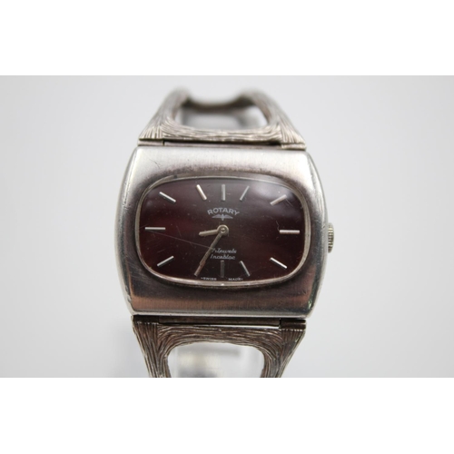 256 - A vintage c.1970's ladies Rotary .925 silver hand wind wristwatch with open link bark effect bracele... 