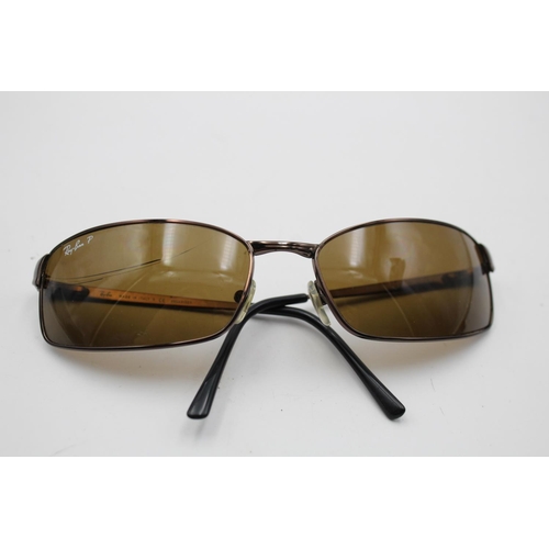 310 - A pair of Ray-Ban brown framed rectangular sunglasses with polarized lenses and case