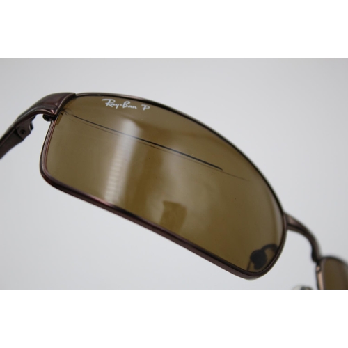 310 - A pair of Ray-Ban brown framed rectangular sunglasses with polarized lenses and case