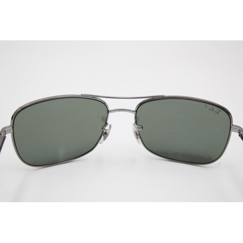 312 - A pair of Ray-Ban thick chrome metal framed sunglasses with polarized lenses and case