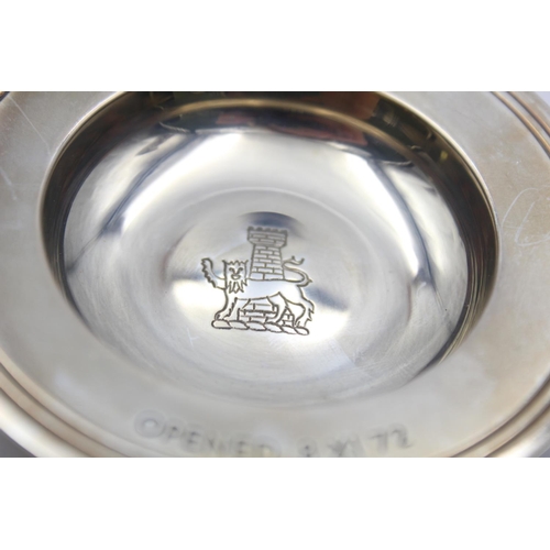 393 - A vintage Mappin & Webb hallmarked London silver pin/trinket dish with engraving, dated 1972 - appro... 