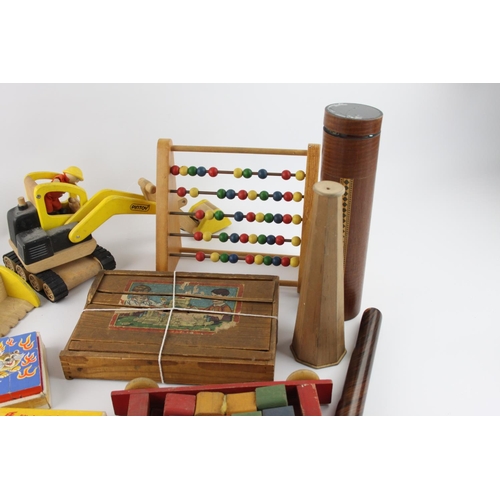 611 - A collection of assorted wooden toys and games to include kaleidoscope, abacus, puzzle etc.