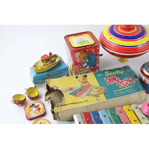 619 - A collection of assorted vintage tinplate toys to include Xylophone, Chad Valley, Disney etc.