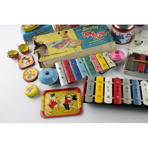 619 - A collection of assorted vintage tinplate toys to include Xylophone, Chad Valley, Disney etc.