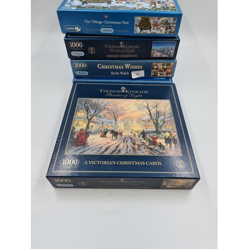 598 - Seven boxed Gibson's jigsaw puzzles to include Little Gardeners, The Village Christmas Tree etc.