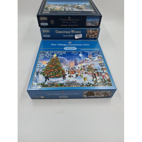 598 - Seven boxed Gibson's jigsaw puzzles to include Little Gardeners, The Village Christmas Tree etc.