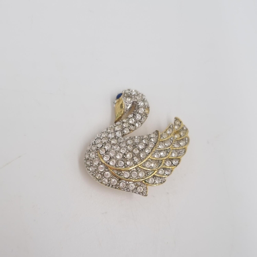 187 - Five assorted pin brooches to include signed Miracle gemstone, jewelled Swan signed 'JG' etc.