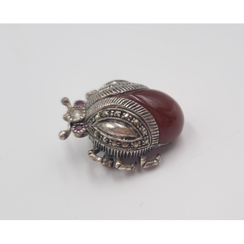 217 - A signed PD 925 silver carnelian, marcasite and CZ stone beetle brooch - approx. gross weight 11.7 g... 