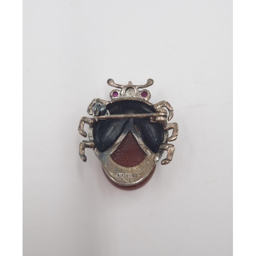 217 - A signed PD 925 silver carnelian, marcasite and CZ stone beetle brooch - approx. gross weight 11.7 g... 