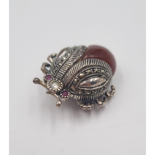 217 - A signed PD 925 silver carnelian, marcasite and CZ stone beetle brooch - approx. gross weight 11.7 g... 