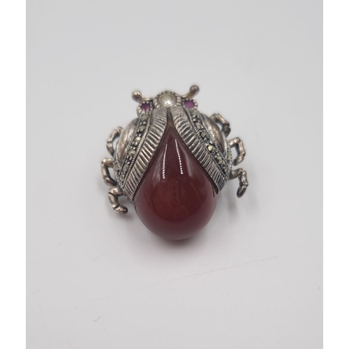 217 - A signed PD 925 silver carnelian, marcasite and CZ stone beetle brooch - approx. gross weight 11.7 g... 