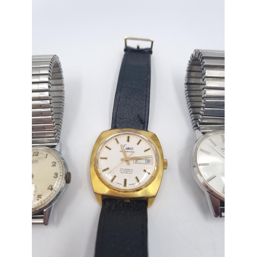 248 - Four vintage men's watches, one Buren Grand Prix hand wind, one Seiko 17 Jewels automatic, one Limit... 