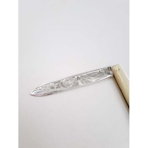 342 - A Victorian hallmarked Sheffield silver pocket knife with mother of pearl handle and silver cartouch... 