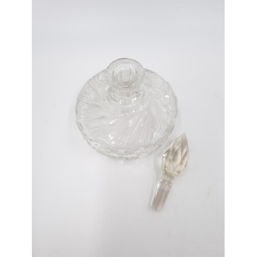 429 - Three cut glass scent bottles, one Stuart Crystal approx. 14cm high and two 11.5cm high