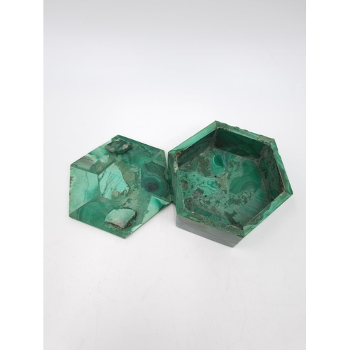 463 - A vintage malachite hexagonal trinket box - 3.5cm high x 8cm diameter