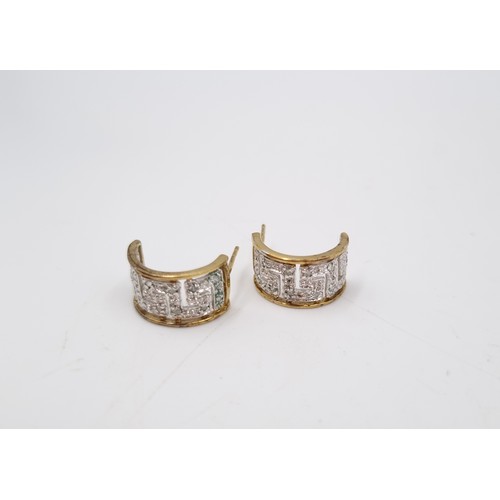 45 - A pair of 9ct gold diamond Greek key design half hoop earrings - approx. gross weight 2.4 grams