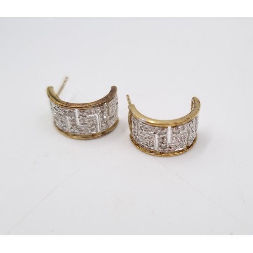 45 - A pair of 9ct gold diamond Greek key design half hoop earrings - approx. gross weight 2.4 grams