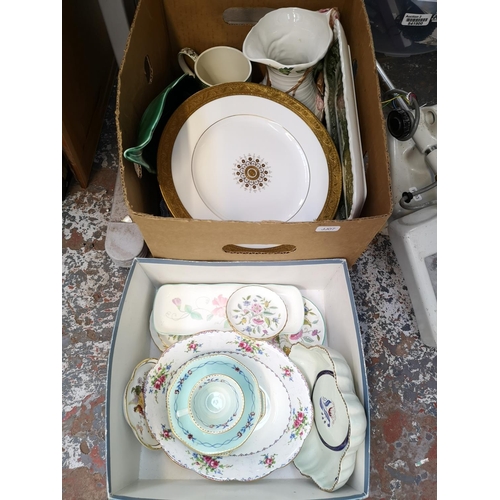 1717 - Two boxes containing assorted ceramics to include Adams cup and saucer, Wedgwood leaf dish, Minton H... 