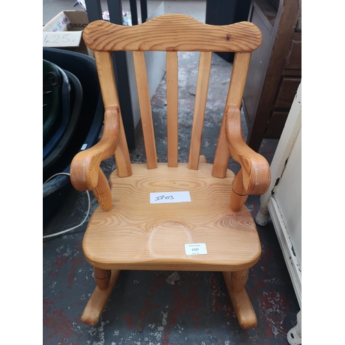 1727 - Four items of furniture, pine child's rocking chair, mahogany piano stool, Lloyd Loom style blanket ... 