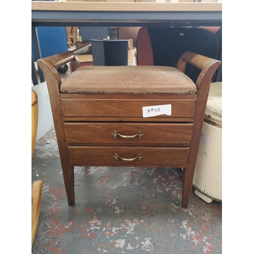 1727 - Four items of furniture, pine child's rocking chair, mahogany piano stool, Lloyd Loom style blanket ... 