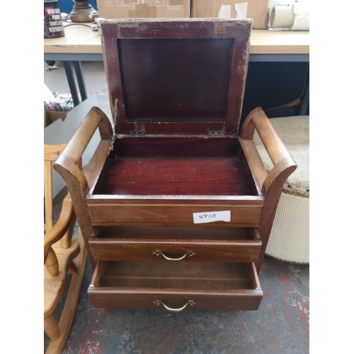 1727 - Four items of furniture, pine child's rocking chair, mahogany piano stool, Lloyd Loom style blanket ... 