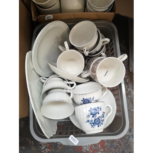 1728 - Six boxes containing assorted ceramics to include Portmeirion lidded pot, Dudson Duraline tea cups, ... 