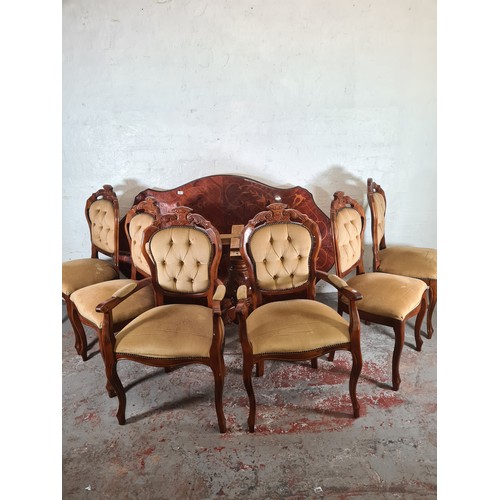 1199 - An Italian style inlaid mahogany effect serpentine pedestal dining table with six dining chairs