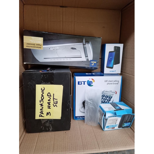 1401 - Five boxed items to include Alcatel mobile phone, TT Phone Earth TT23 mobile phone, BT landlines etc... 