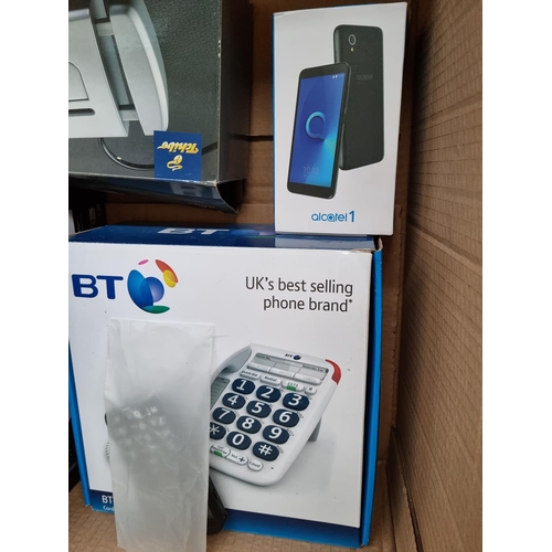 1401 - Five boxed items to include Alcatel mobile phone, TT Phone Earth TT23 mobile phone, BT landlines etc... 