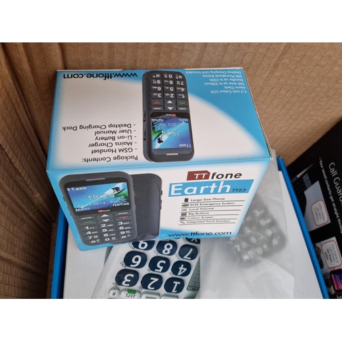 1401 - Five boxed items to include Alcatel mobile phone, TT Phone Earth TT23 mobile phone, BT landlines etc... 