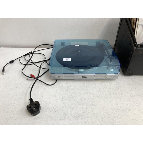 1361 - Two items, one Tevion Computing USB record turntable and one record box containing 12