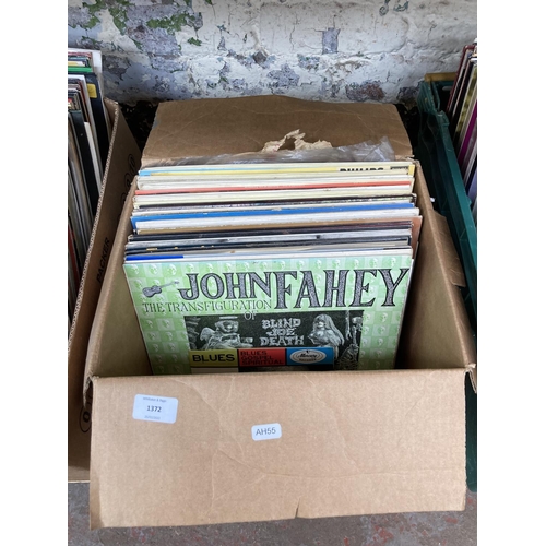 1372 - A box containing a collection of LP vinyl records to include John Fahey, John Renbourn, Bert Jansch,... 