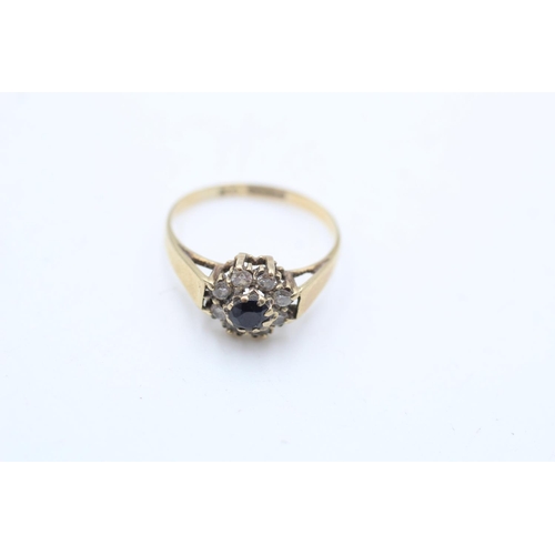 112 - Two 9ct gold sapphire with diamond and clear gemstone dress rings, one three stone size R and one cl... 