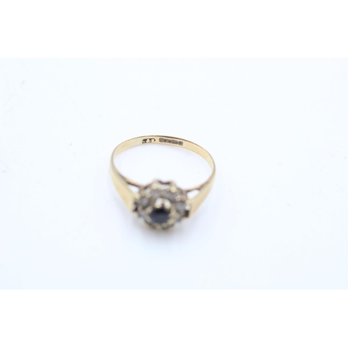 112 - Two 9ct gold sapphire with diamond and clear gemstone dress rings, one three stone size R and one cl... 