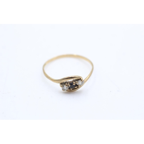 112 - Two 9ct gold sapphire with diamond and clear gemstone dress rings, one three stone size R and one cl... 