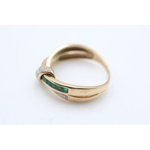 15 - A 9ct gold emerald and diamond bow design ring, size O½ - approx. gross weight 3.4 grams