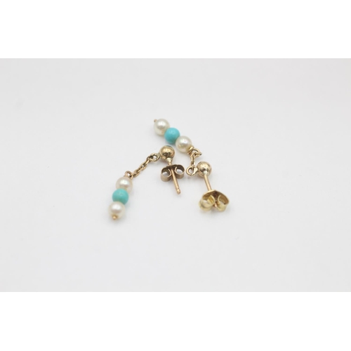 10 - A pair of 9ct gold turquoise and cultured pearl drop earrings - approx. gross weight 0.6 grams