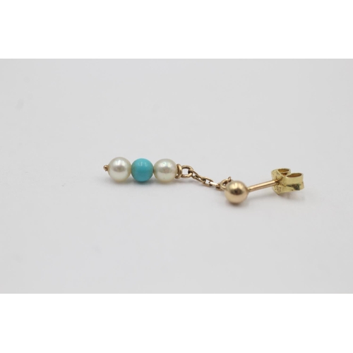 10 - A pair of 9ct gold turquoise and cultured pearl drop earrings - approx. gross weight 0.6 grams