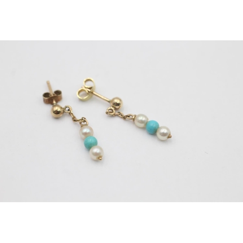 10 - A pair of 9ct gold turquoise and cultured pearl drop earrings - approx. gross weight 0.6 grams