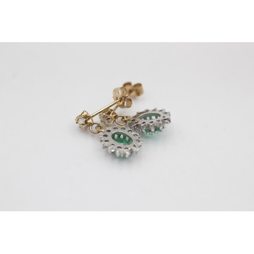 3 - A pair of 9ct yellow and white gold emerald and clear gemstone halo drop earrings - approx. gross we... 