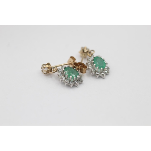 3 - A pair of 9ct yellow and white gold emerald and clear gemstone halo drop earrings - approx. gross we... 