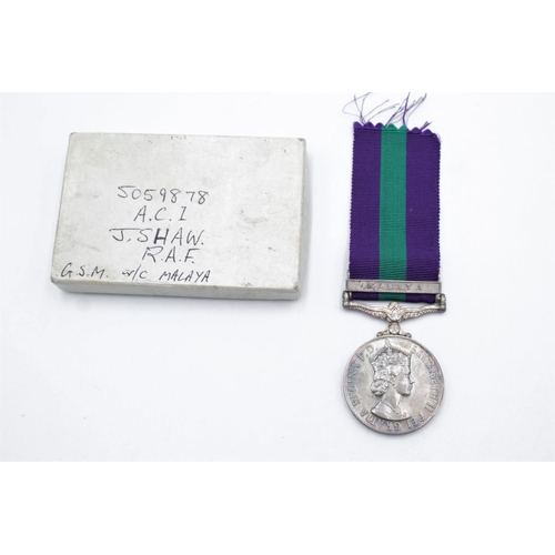 82 - A boxed Elizabeth II General Service Malaya medal presented to 5059878 A.C.I. J. Shaw R.A.F. with ri... 