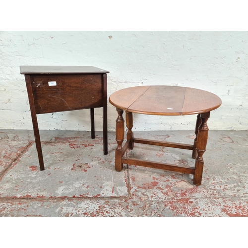 1113 - Two items, one mid 20th century oak sewing table and one 17th century style oak drop leaf swivel top... 