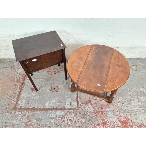 1113 - Two items, one mid 20th century oak sewing table and one 17th century style oak drop leaf swivel top... 