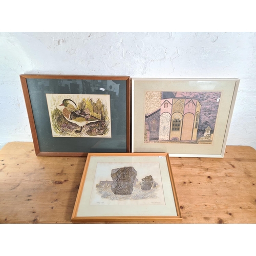 1273 - Three framed Peter Wickham lino prints, one titled Wing Church, one titled Avebury II and one titled... 