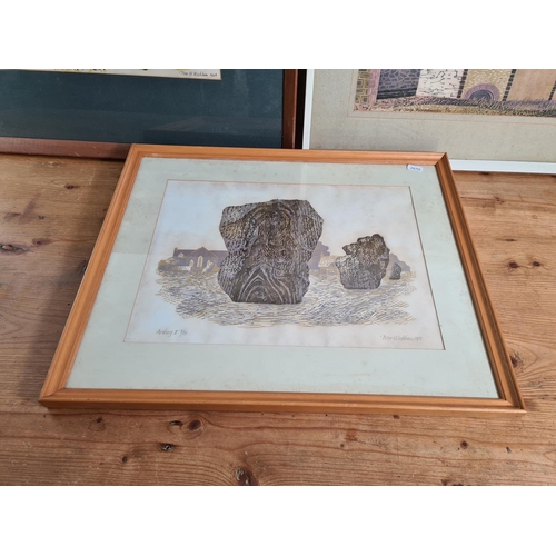 1273 - Three framed Peter Wickham lino prints, one titled Wing Church, one titled Avebury II and one titled... 