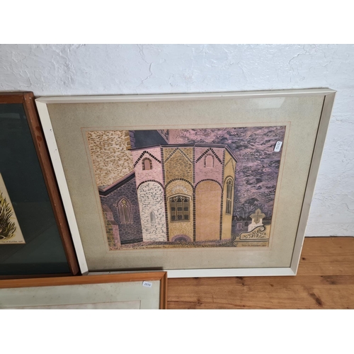 1273 - Three framed Peter Wickham lino prints, one titled Wing Church, one titled Avebury II and one titled... 