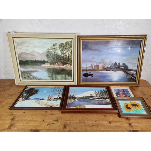 1291 - Six framed oil paintings to include two signed B. Bosman etc.